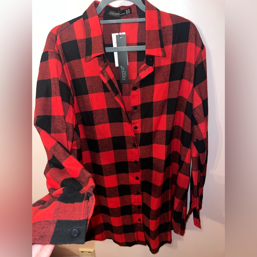 Zanzea Red and Black Plaid Shirt Dress - Picture 3 of 4